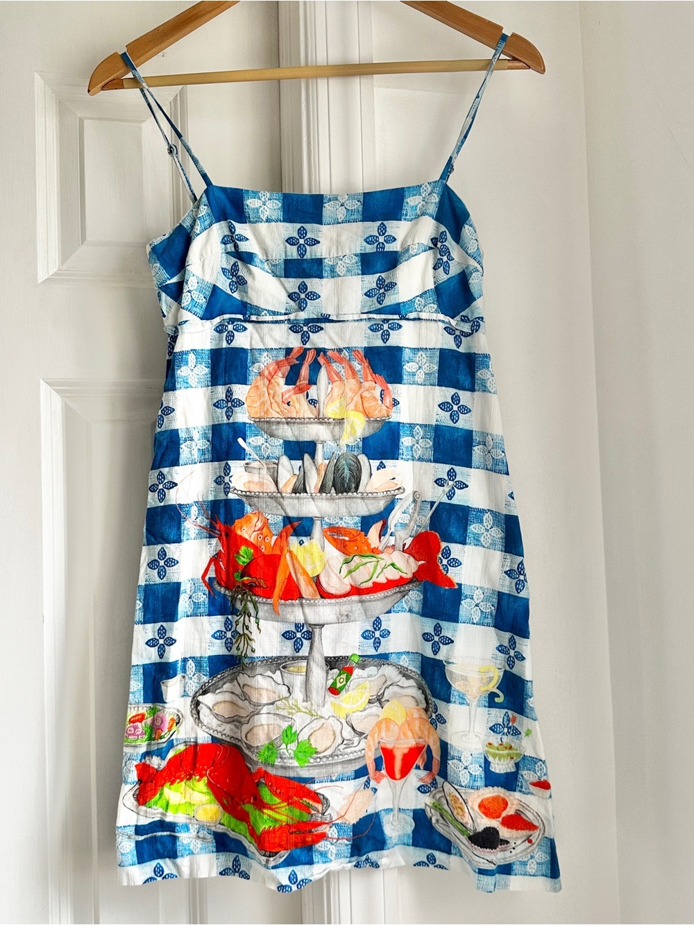 Rachel Antonoff Gwen Blue & White Check Spaghetti Strap Seafood Print Dress Sz 2